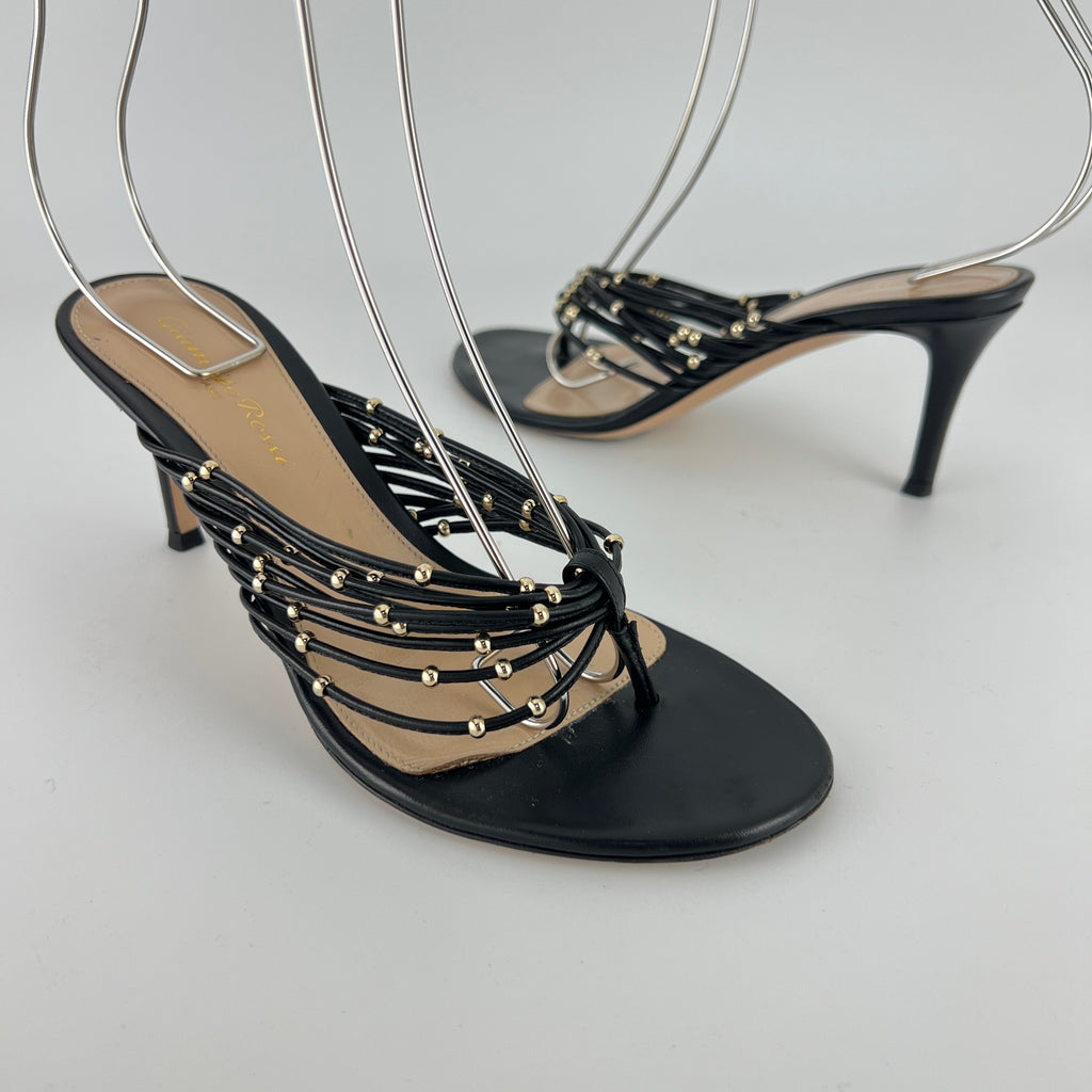 Gianvito Rossi | Black Leather Gold Hardware Thong Sandal Mules (35)