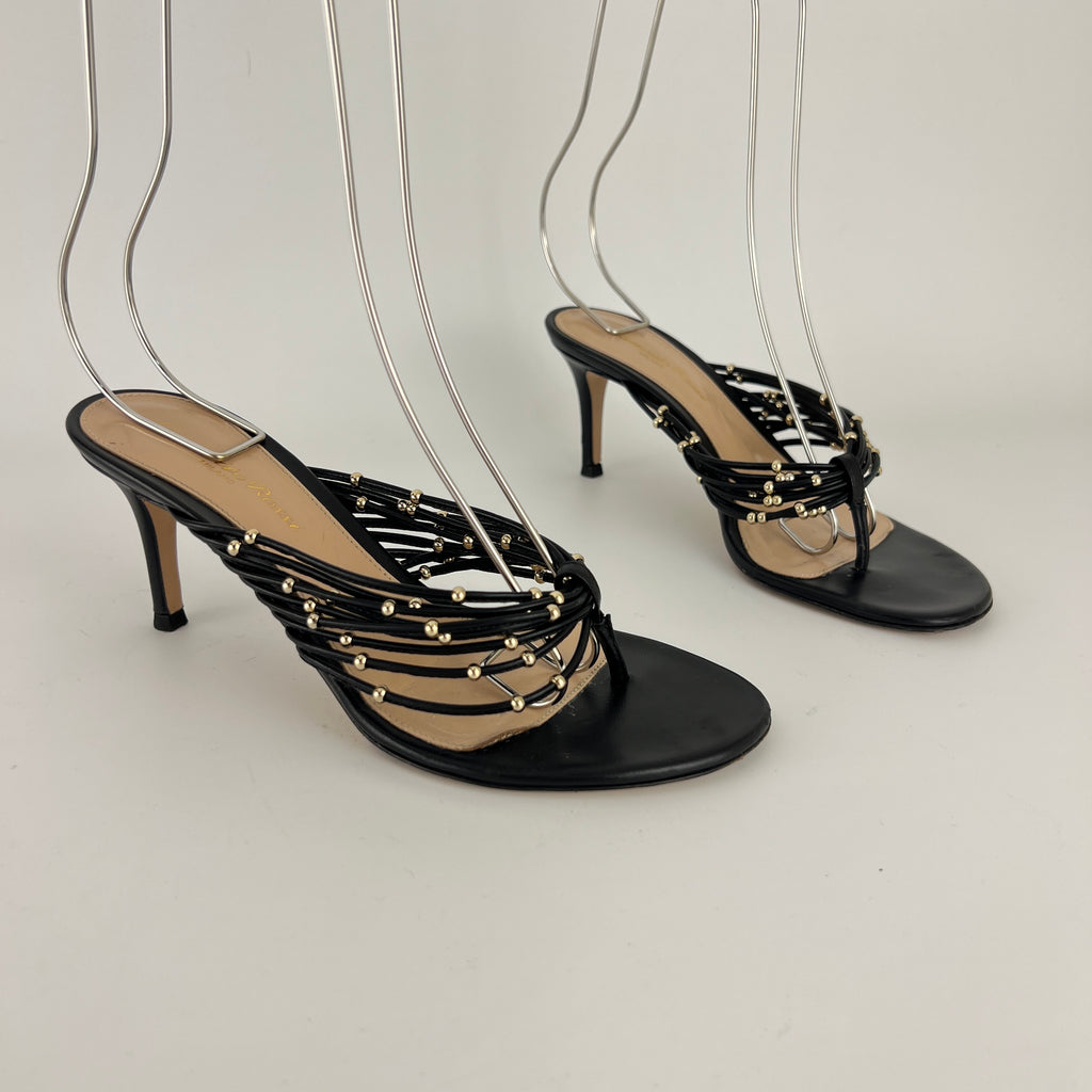 Gianvito Rossi | Black Leather Gold Hardware Thong Sandal Mules (35)