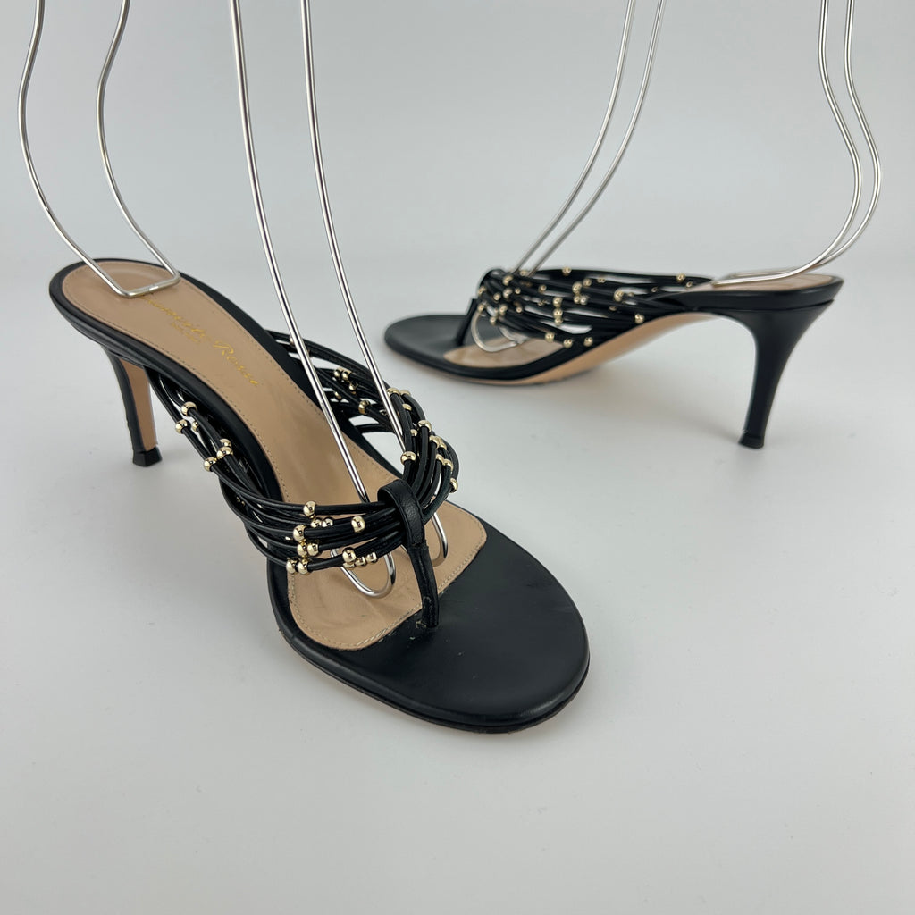 Gianvito Rossi | Black Leather Gold Hardware Thong Sandal Mules (35)