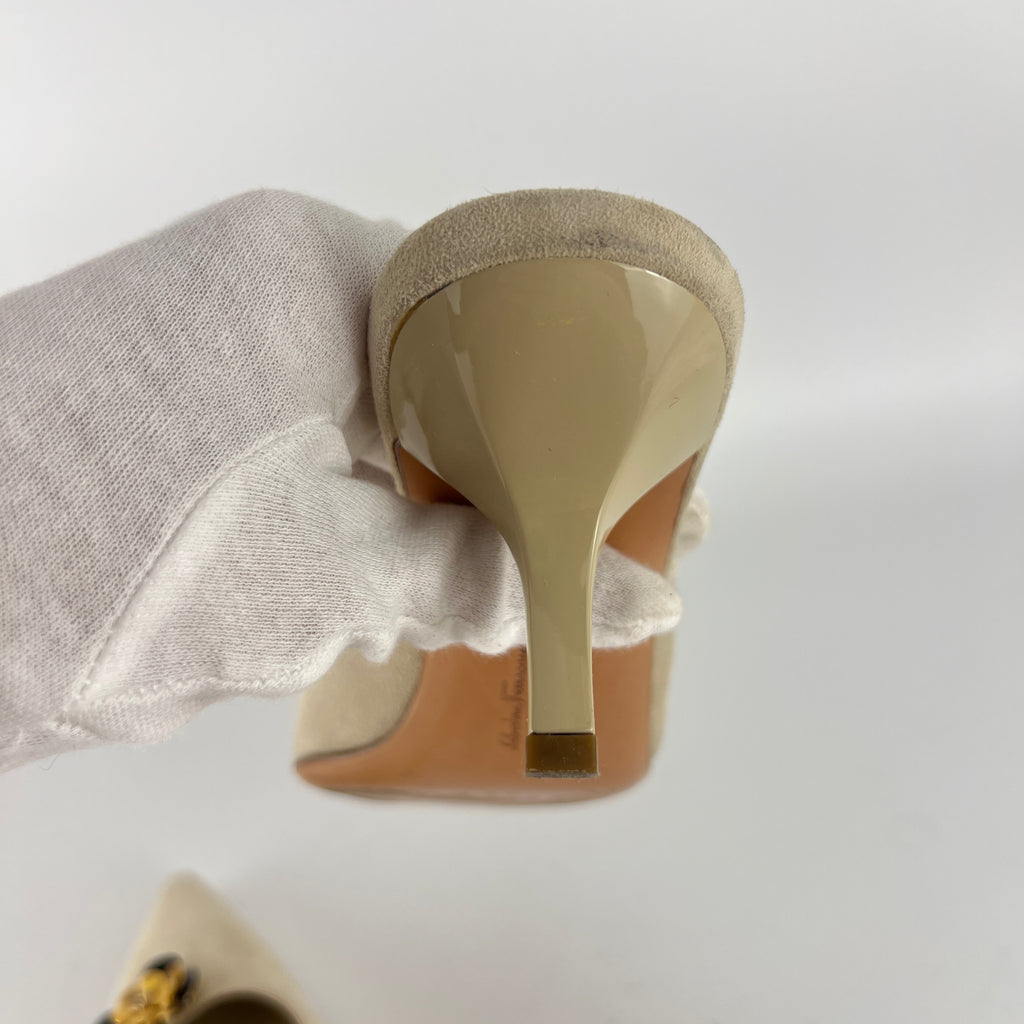 Ferragamo | Noblesse White Sued Leather Metal Flower Applique Pointed Toe Mule (36.5)