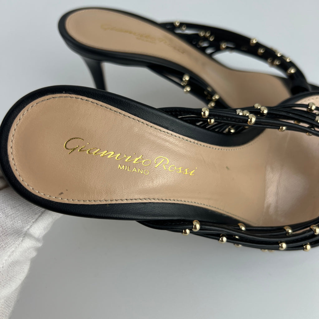 Gianvito Rossi | Black Leather Gold Hardware Thong Sandal Mules (35)