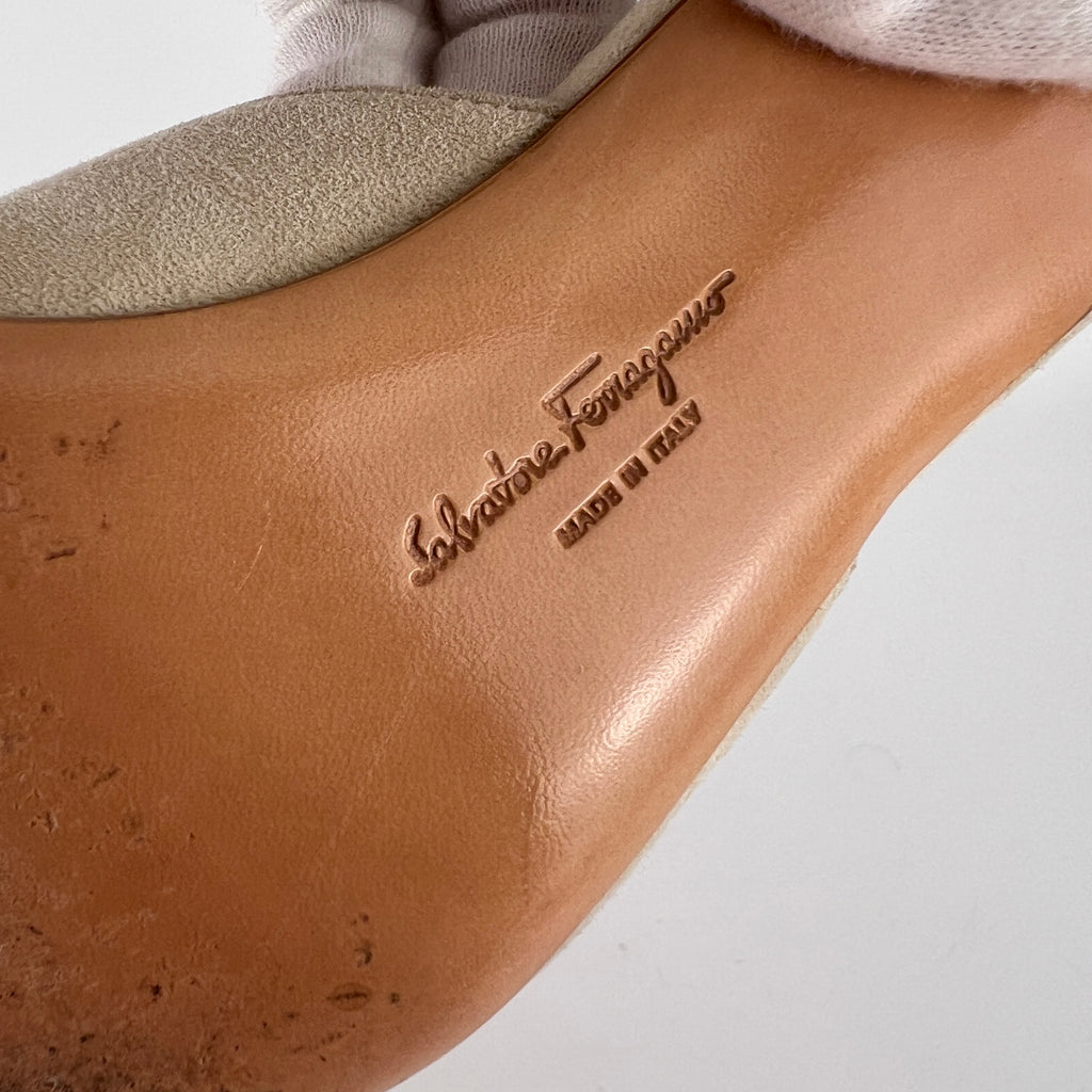Ferragamo | Noblesse White Sued Leather Metal Flower Applique Pointed Toe Mule (36.5)