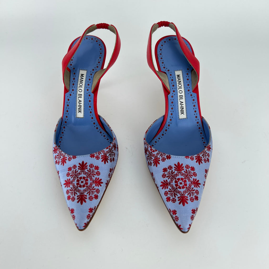 Manolo Blahnik | Floral Blue Red Fabric Leather Pointed Toe Slingback Heels (35.5)