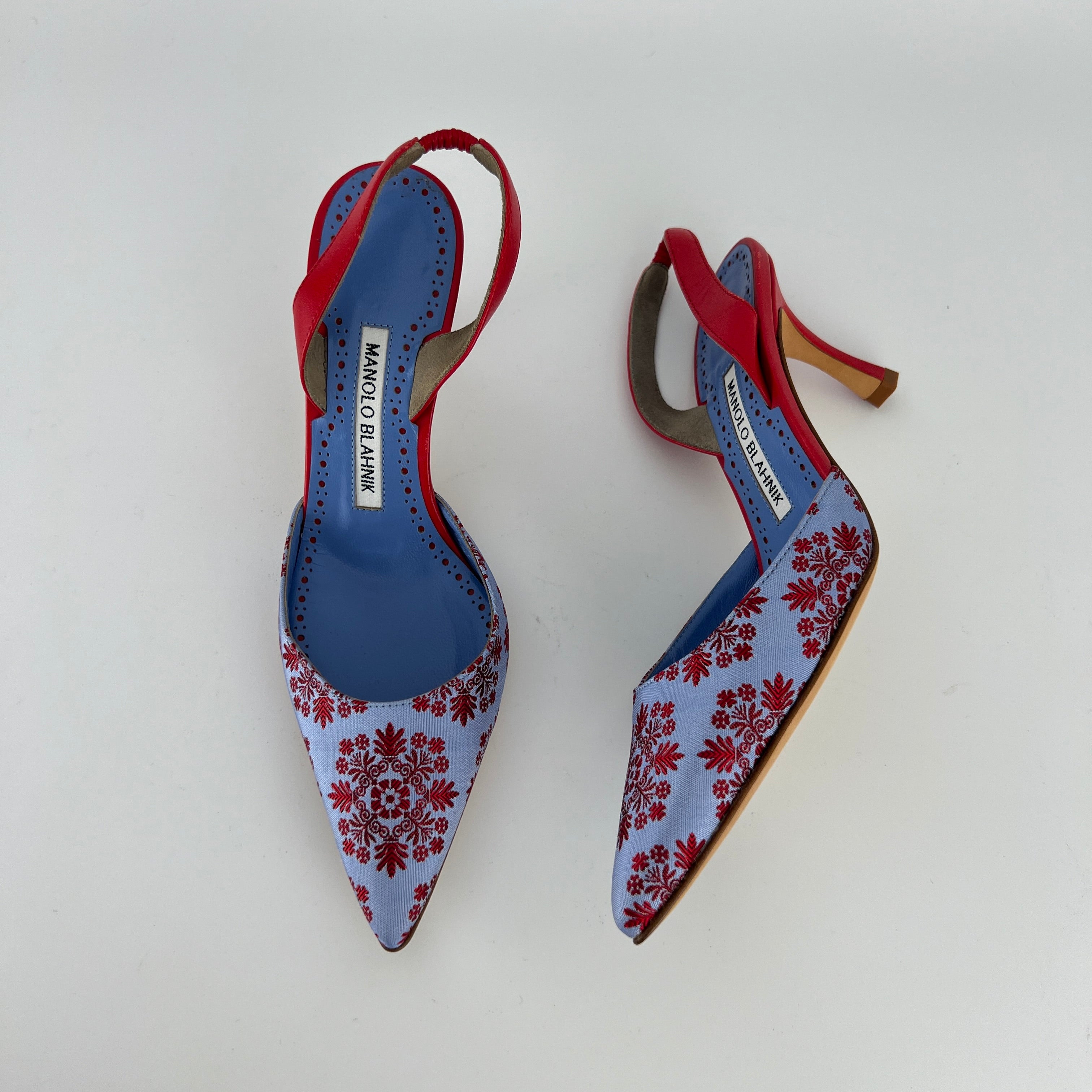 Manolo Blahnik | Floral Blue Red Fabric Leather Pointed Toe Slingback Heels (35.5)