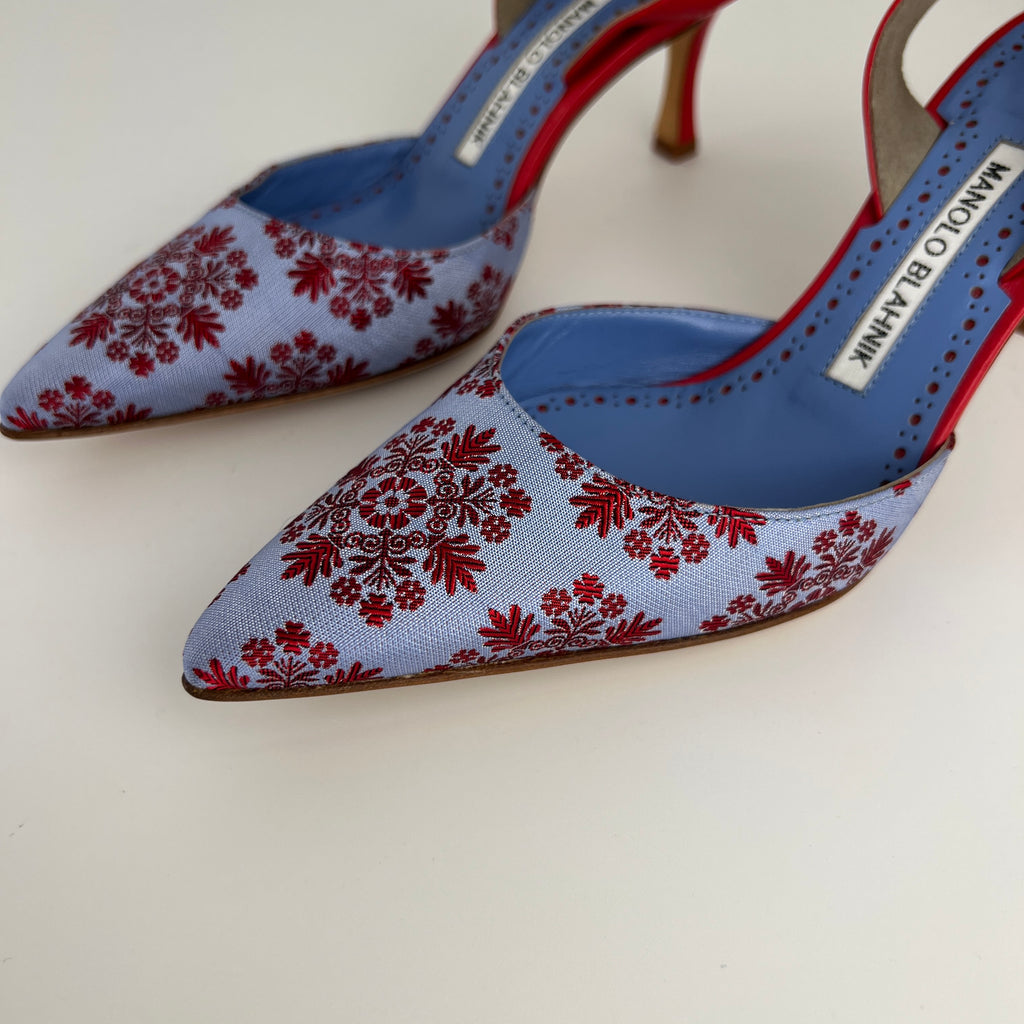 Manolo Blahnik | Floral Blue Red Fabric Leather Pointed Toe Slingback Heels (35.5)