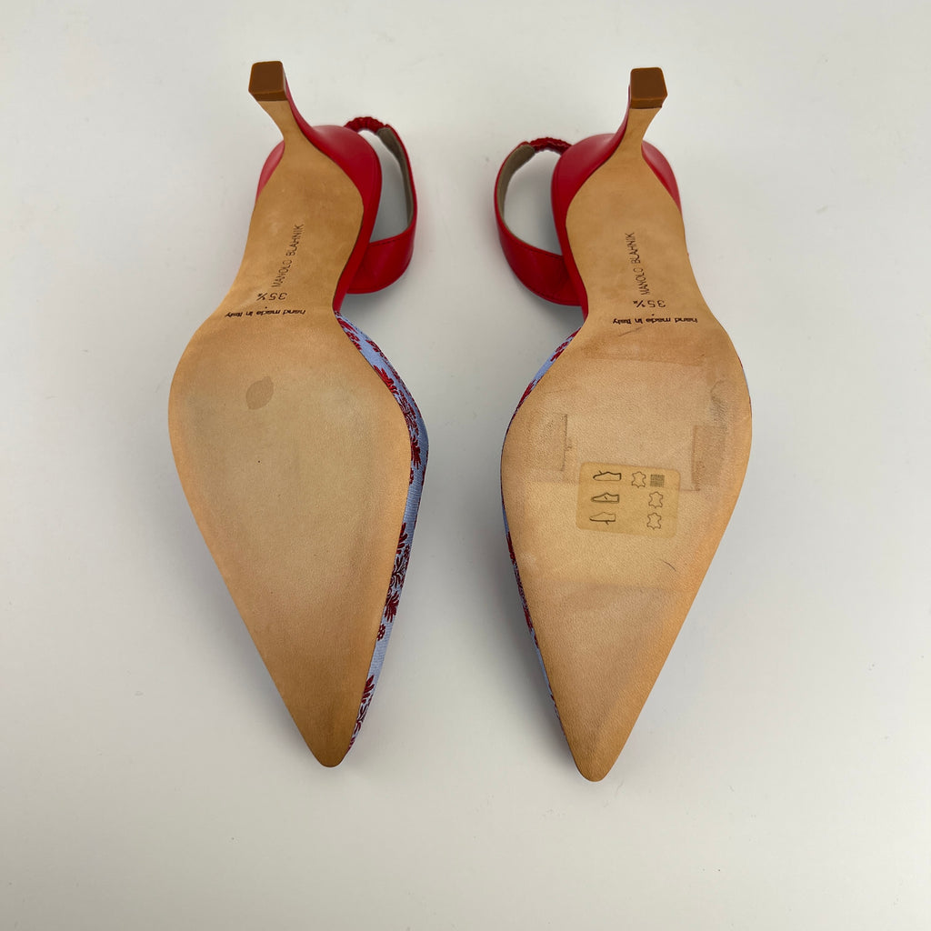 Manolo Blahnik | Floral Blue Red Fabric Leather Pointed Toe Slingback Heels (35.5)