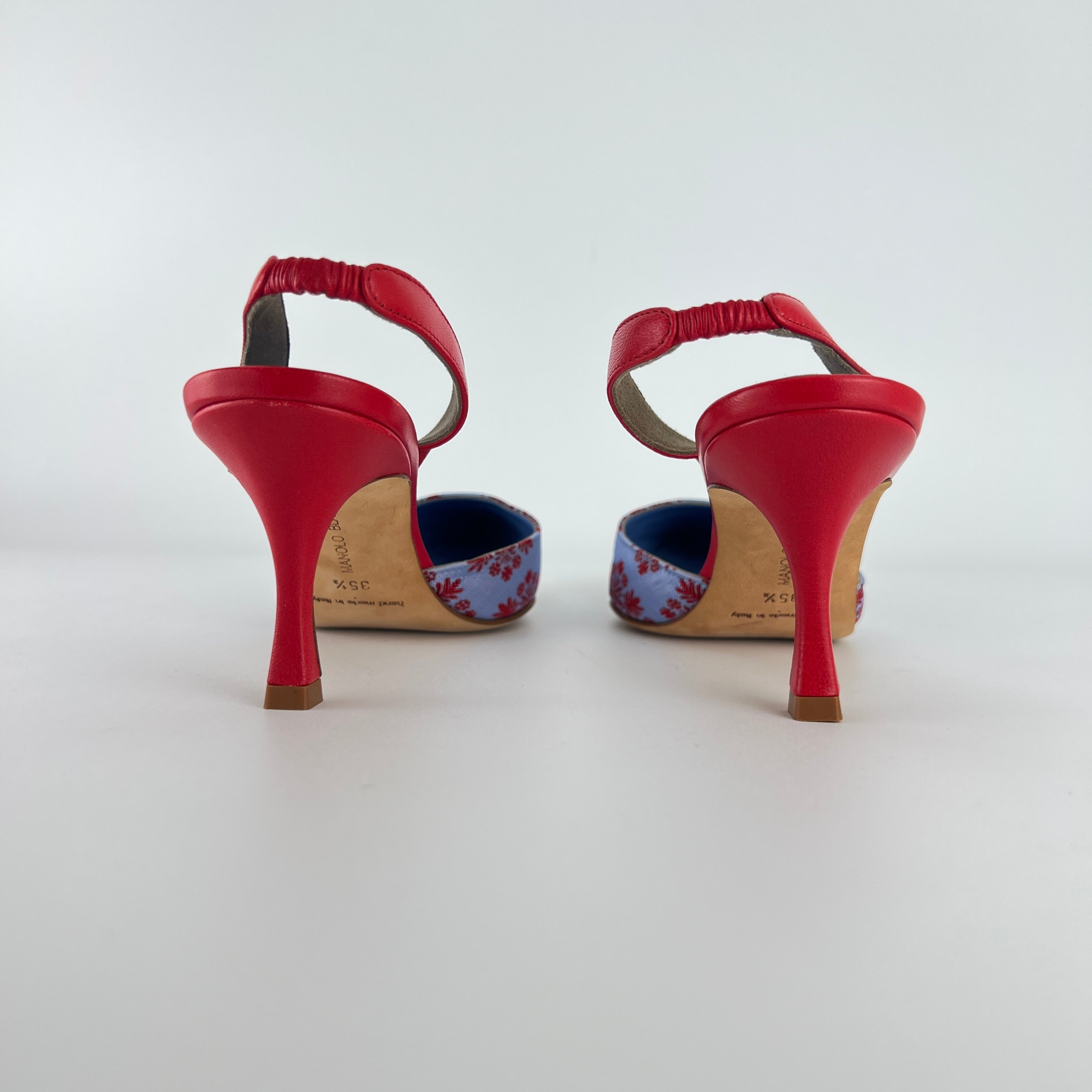 Manolo Blahnik | Floral Blue Red Fabric Leather Pointed Toe Slingback Heels (35.5)