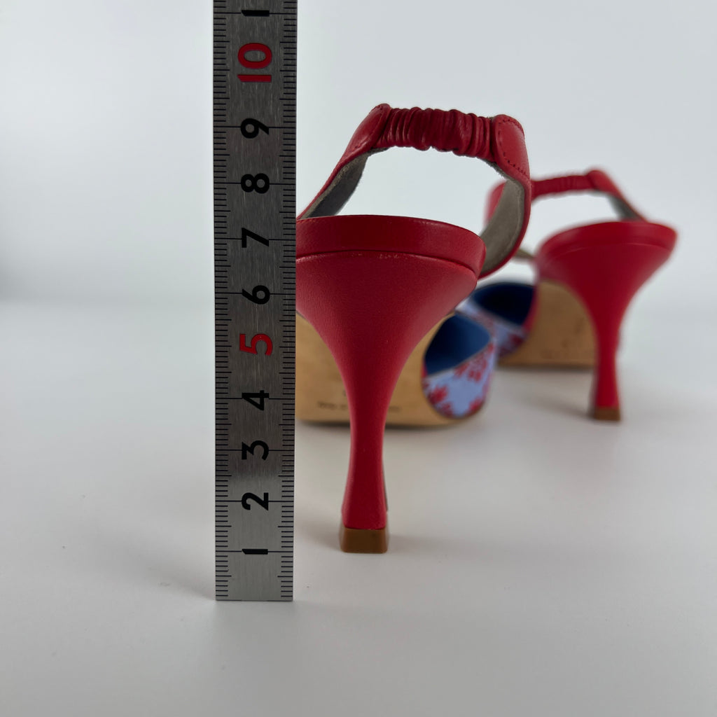 Manolo Blahnik | Floral Blue Red Fabric Leather Pointed Toe Slingback Heels (35.5)