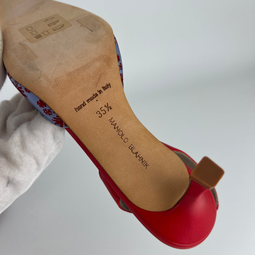 Manolo Blahnik | Floral Blue Red Fabric Leather Pointed Toe Slingback Heels (35.5)