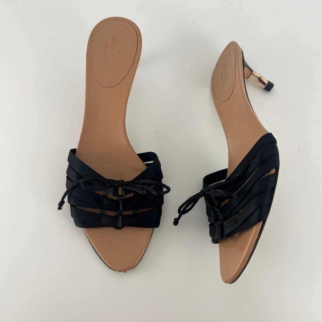 Gucci Black | S/S2004 Tom Ford Era Black Satin Corset Gold Bamboo Mules (36)