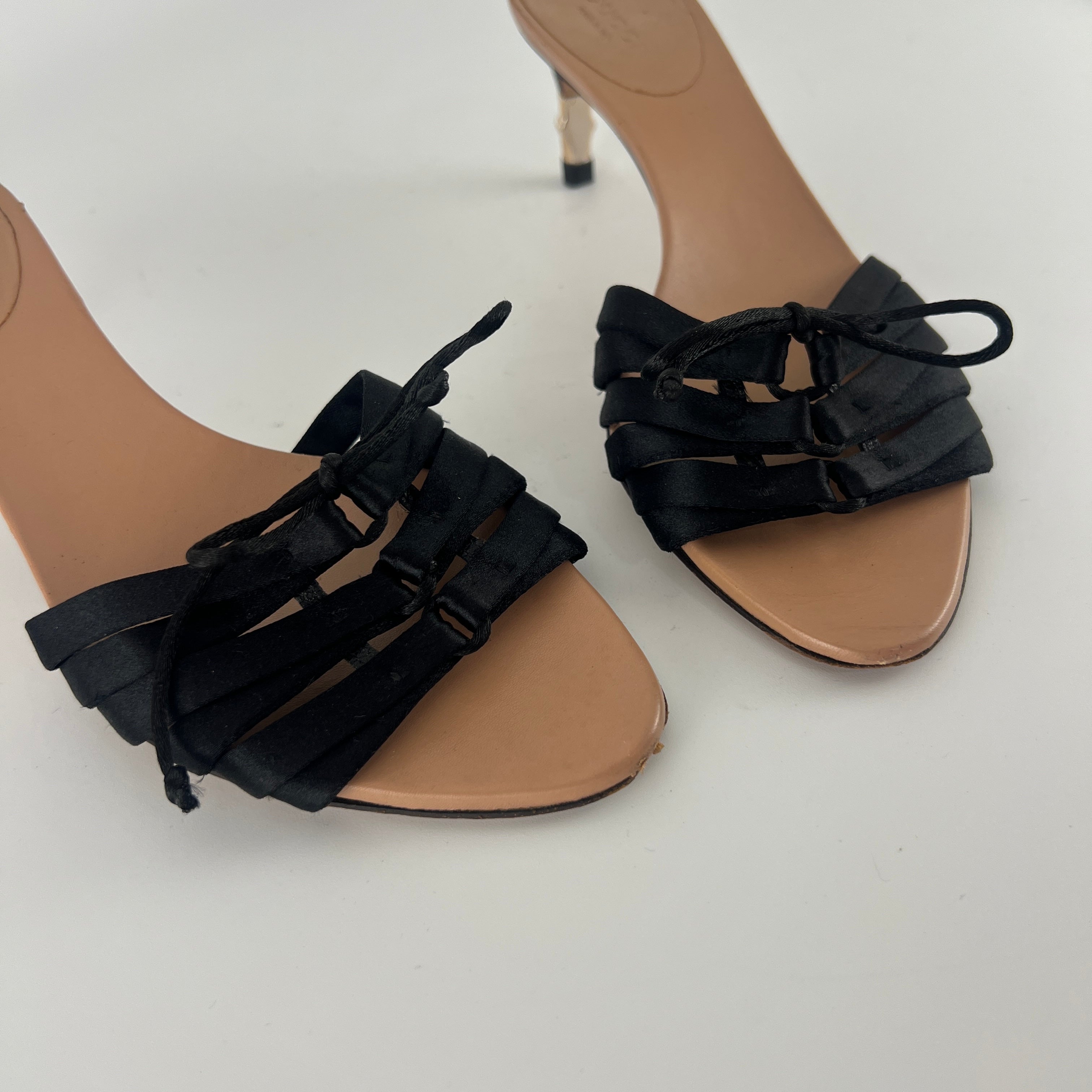 Gucci Black | S/S2004 Tom Ford Era Black Satin Corset Gold Bamboo Mules (36)