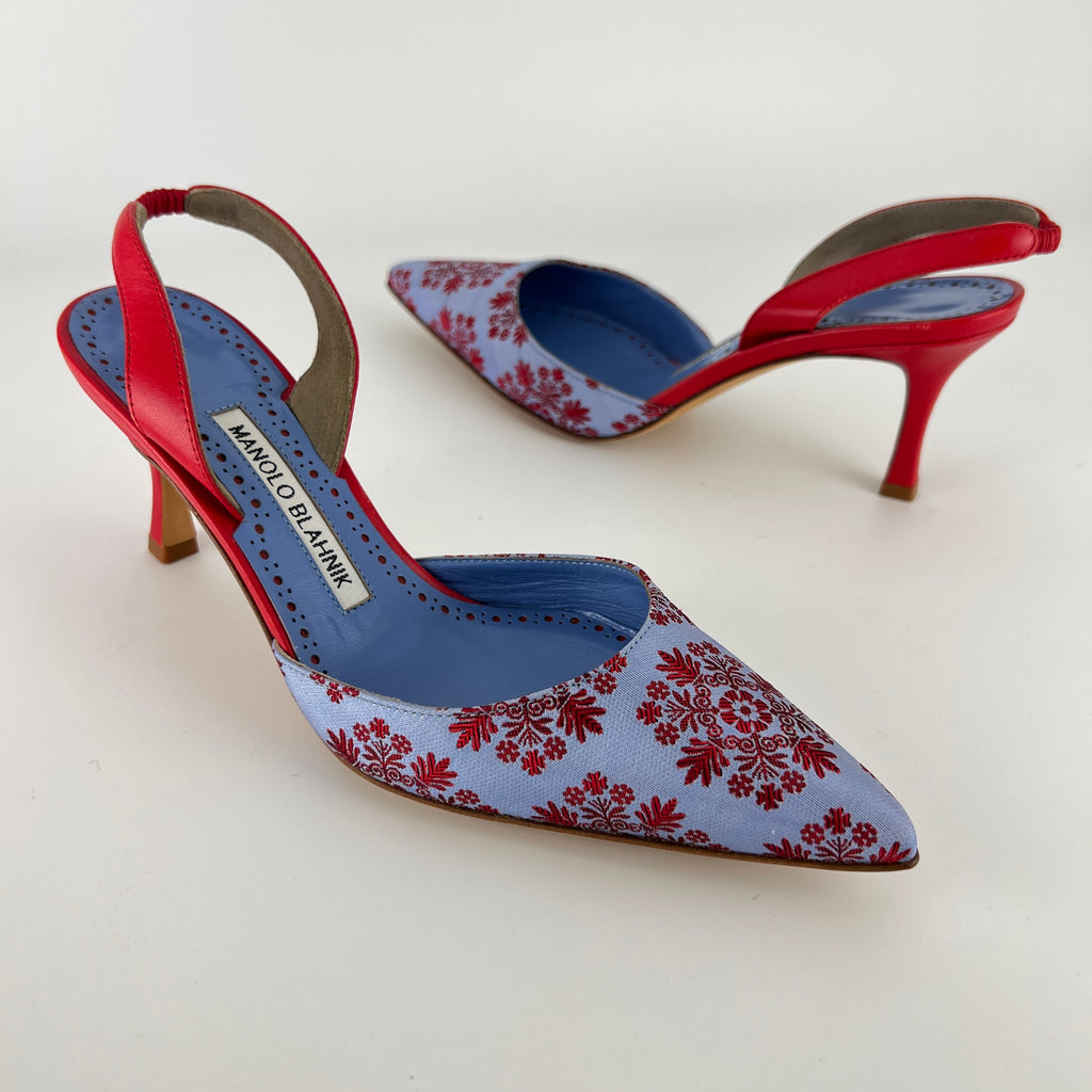 Manolo Blahnik | Floral Blue Red Fabric Leather Pointed Toe Slingback Heels (35.5)