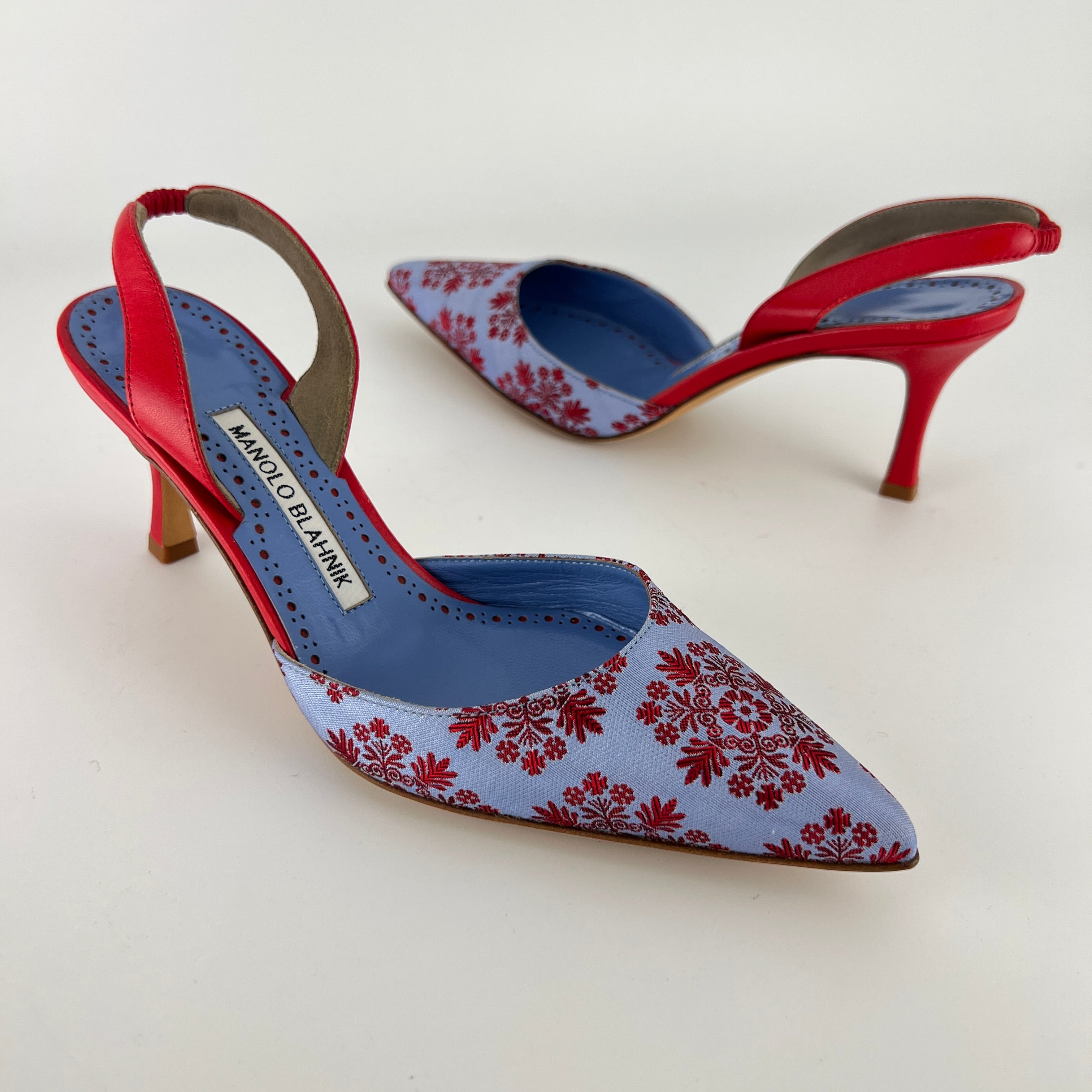 Manolo Blahnik | Floral Blue Red Fabric Leather Pointed Toe Slingback Heels (35.5)