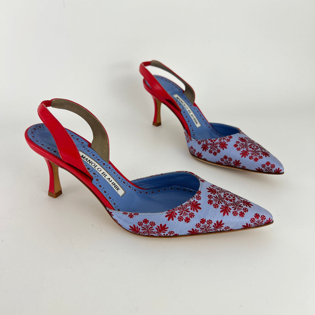 Manolo Blahnik | Floral Blue Red Fabric Leather Pointed Toe Slingback Heels (35.5)