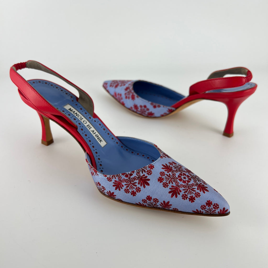 Manolo Blahnik | Floral Blue Red Fabric Leather Pointed Toe Slingback Heels (35.5)