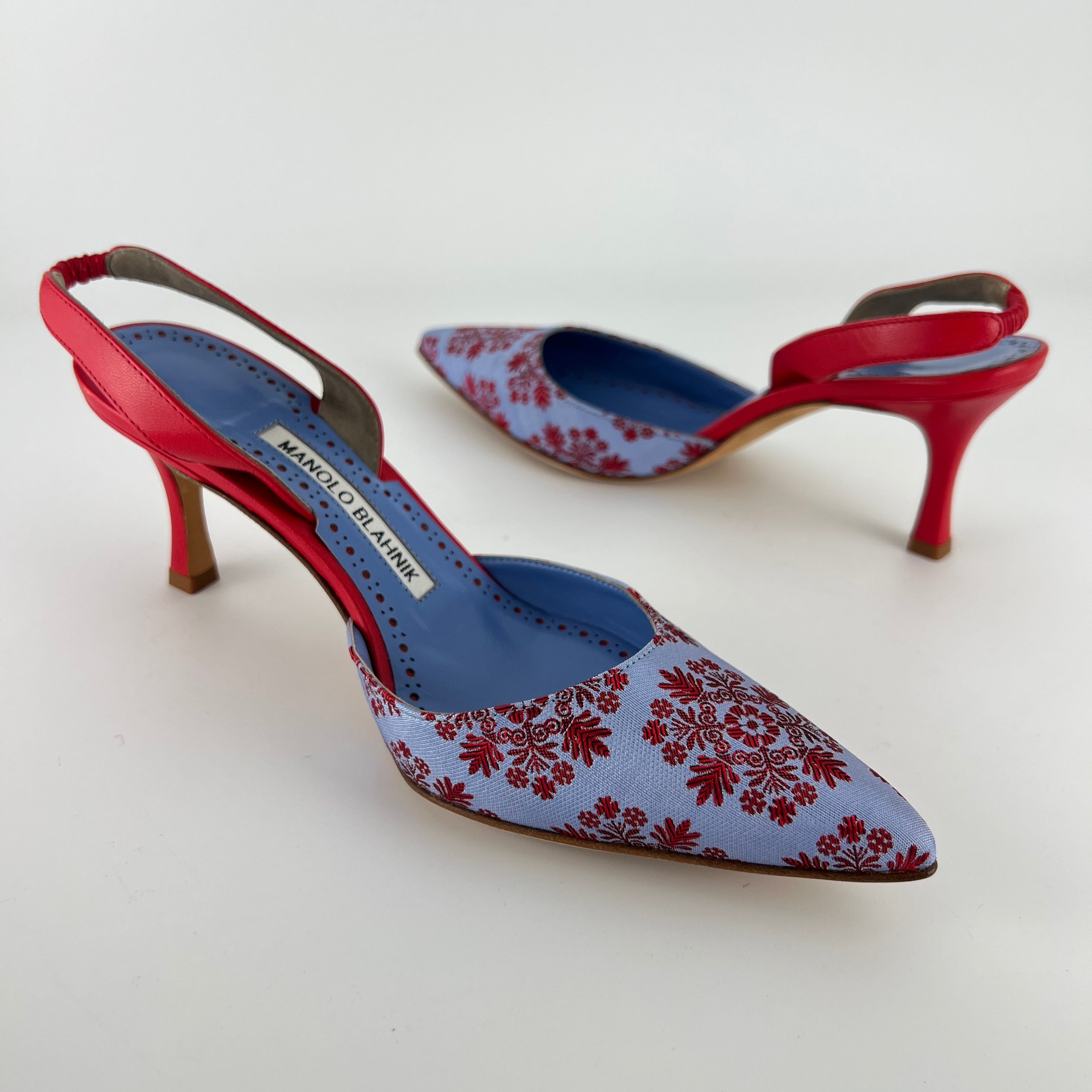 Manolo Blahnik | Floral Blue Red Fabric Leather Pointed Toe Slingback Heels (35.5)