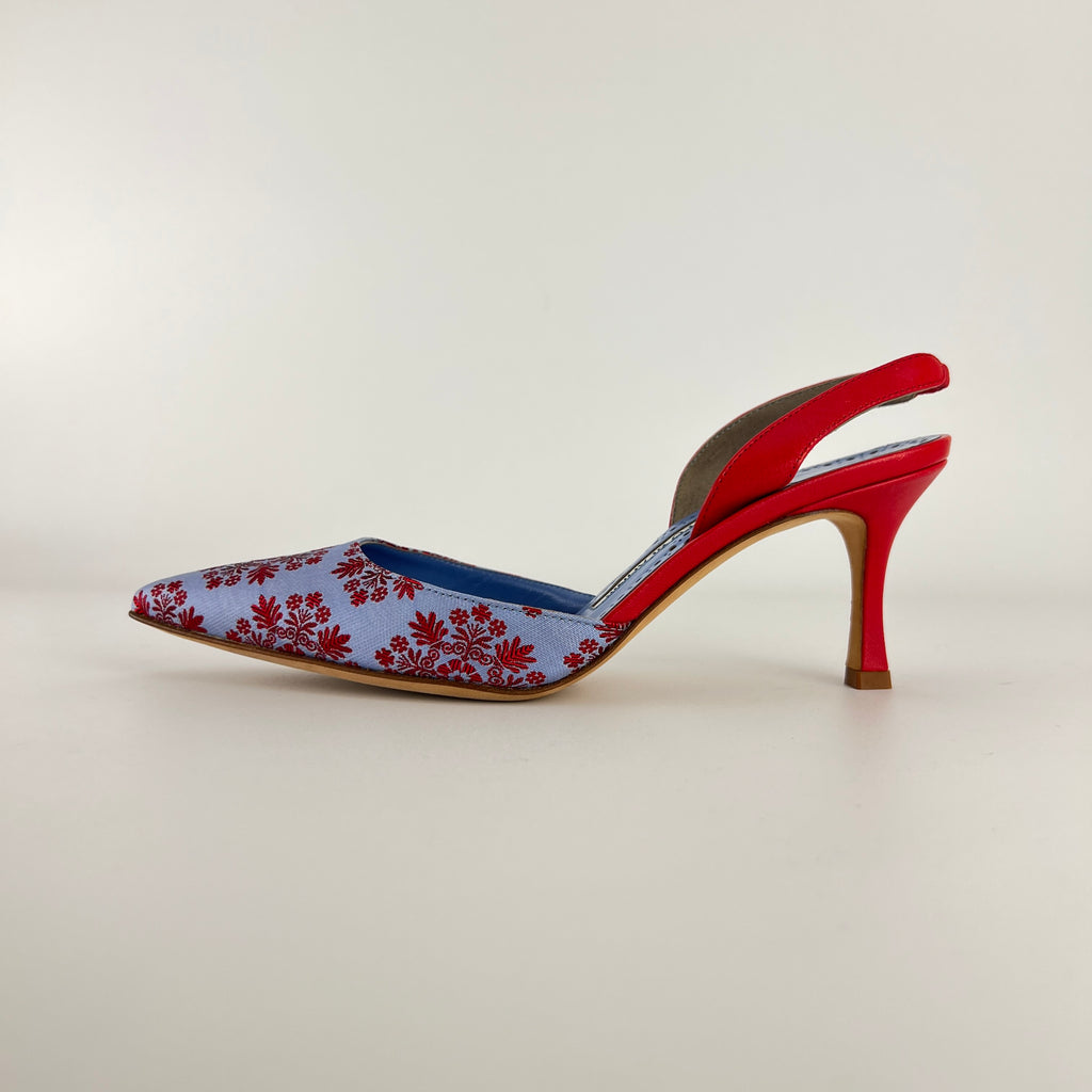 Manolo Blahnik | Floral Blue Red Fabric Leather Pointed Toe Slingback Heels (35.5)