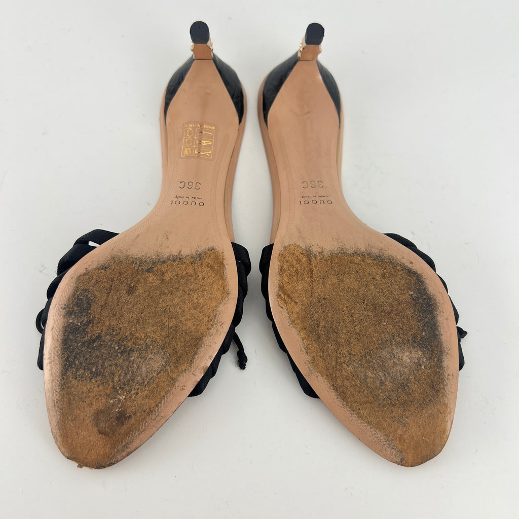 Gucci Black | S/S2004 Tom Ford Era Black Satin Corset Gold Bamboo Mules (36)