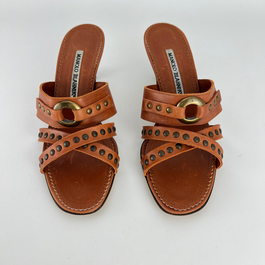 Manolo Blahnik | Brown Leather Straps Bronze Stud Slide Sandal Mules (36.5)