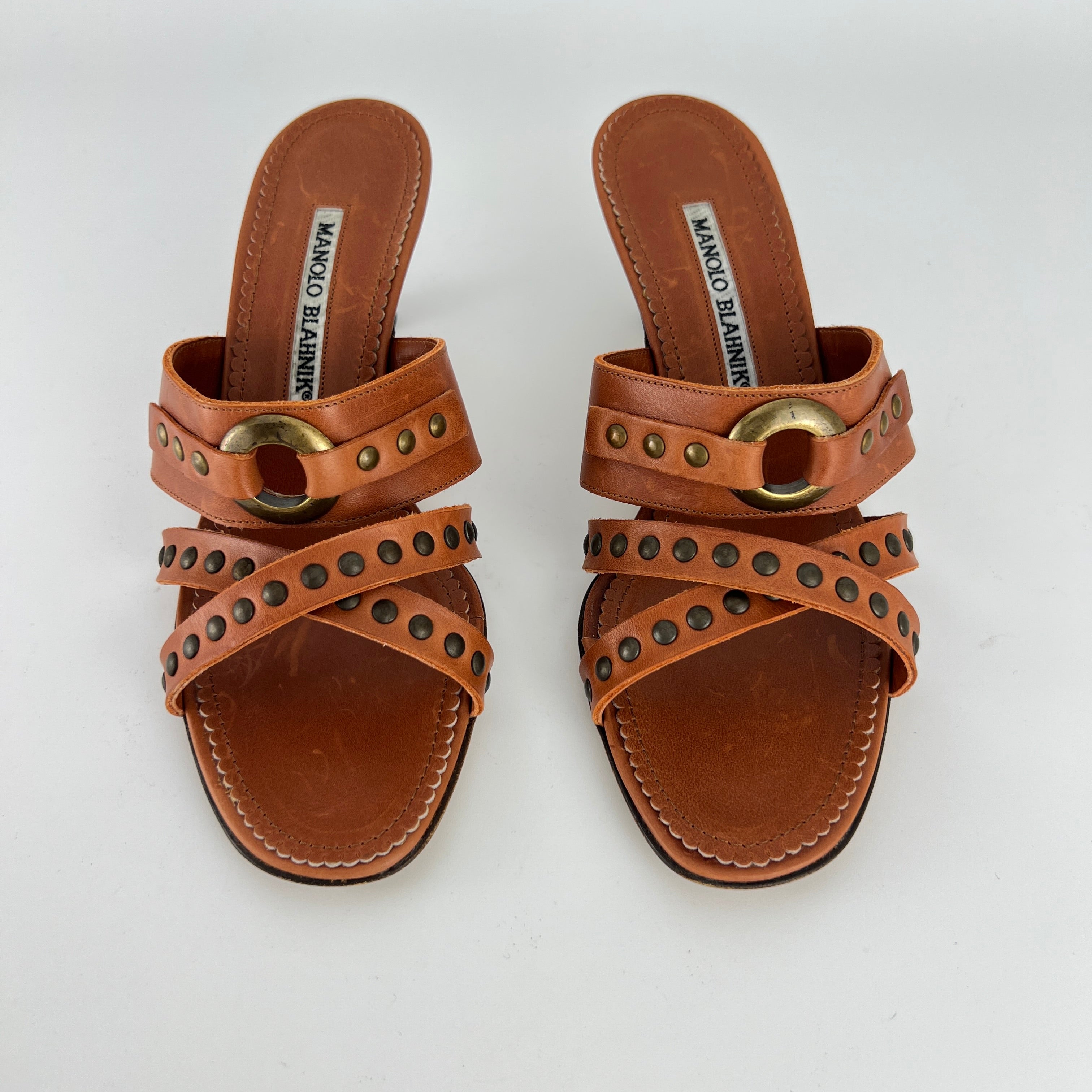 Manolo Blahnik | Brown Leather Straps Bronze Stud Slide Sandal Mules (36.5)