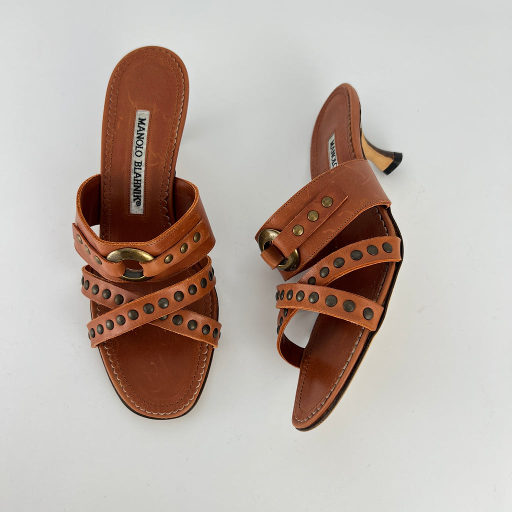 Manolo Blahnik | Brown Leather Straps Bronze Stud Slide Sandal Mules (36.5)