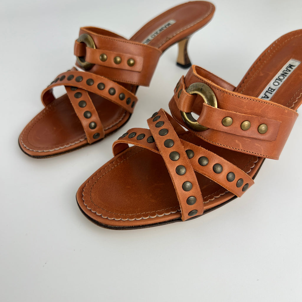 Manolo Blahnik | Brown Leather Straps Bronze Stud Slide Sandal Mules (36.5)