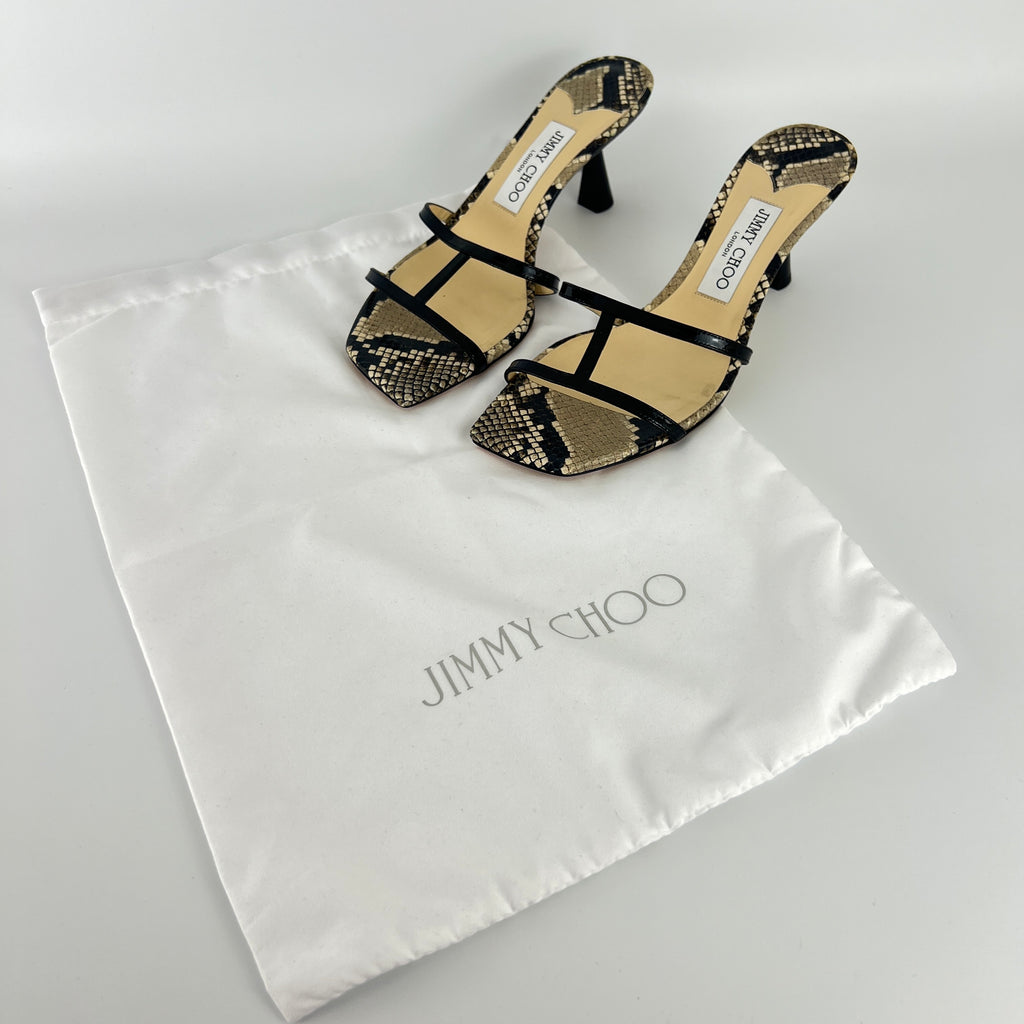 Jimmy Choo | Ria 65 Snake Embossed Gray Black Leather Slide Sandal Mule(39)