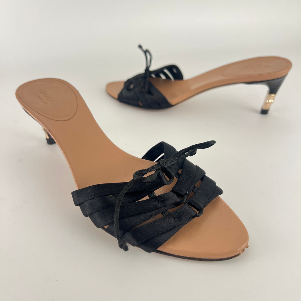 Gucci Black | S/S2004 Tom Ford Era Black Satin Corset Gold Bamboo Mules (36)