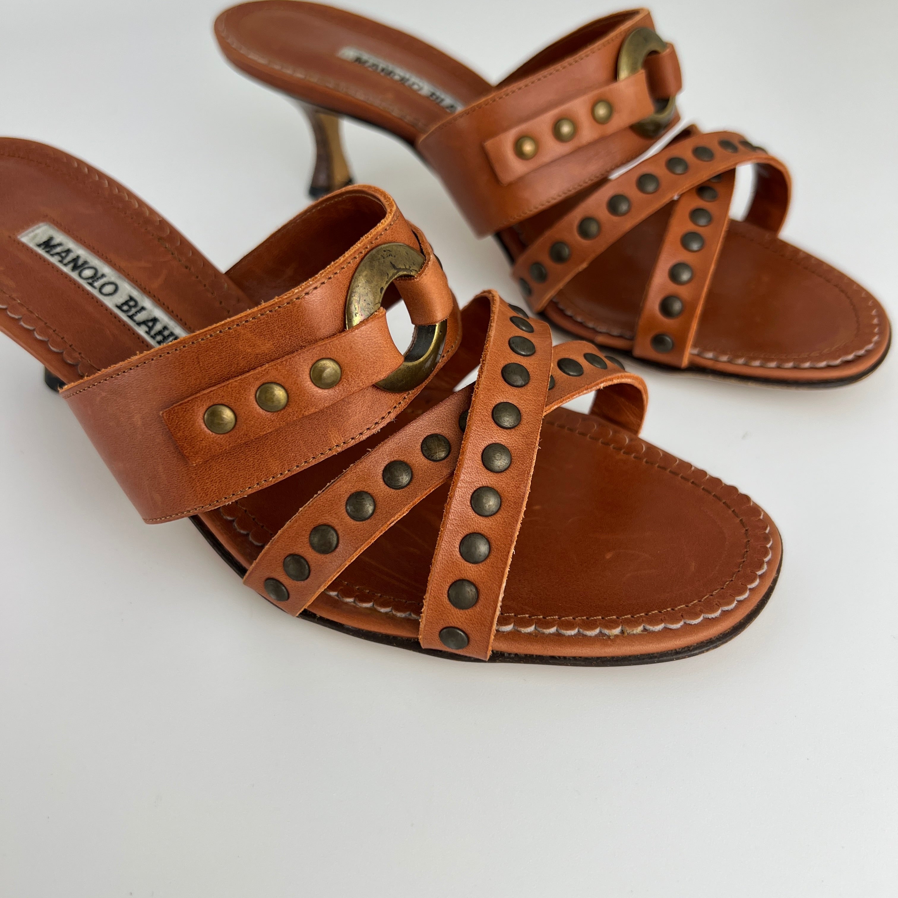 Manolo Blahnik | Brown Leather Straps Bronze Stud Slide Sandal Mules (36.5)