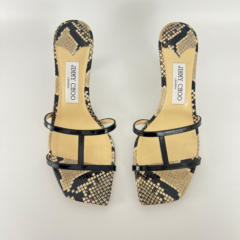Jimmy Choo | Ria 65 Snake Embossed Gray Black Leather Slide Sandal Mule(39)