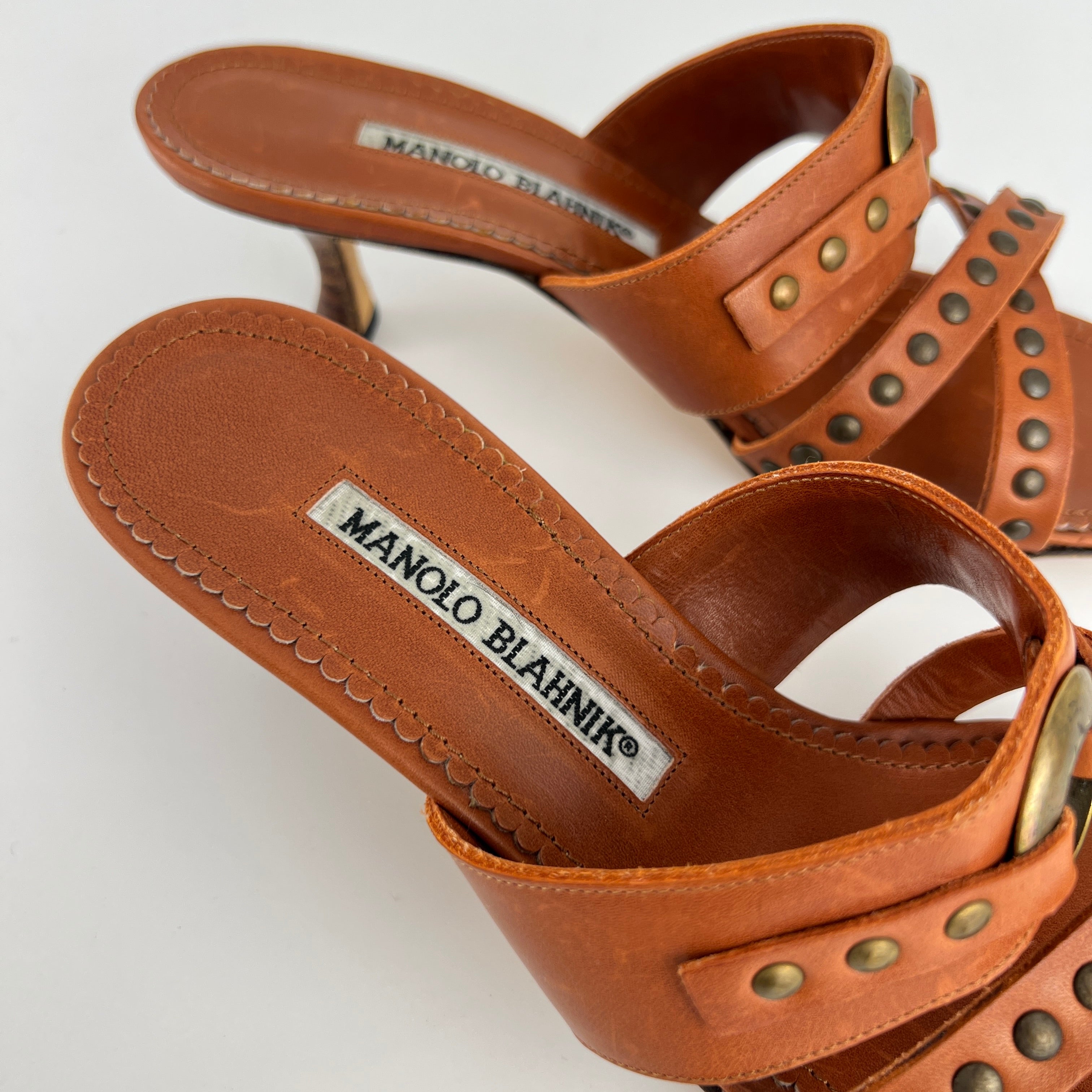 Manolo Blahnik | Brown Leather Straps Bronze Stud Slide Sandal Mules (36.5)