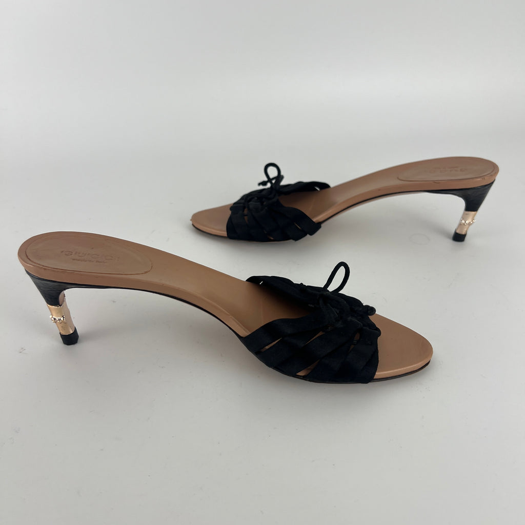 Gucci Black | S/S2004 Tom Ford Era Black Satin Corset Gold Bamboo Mules (36)