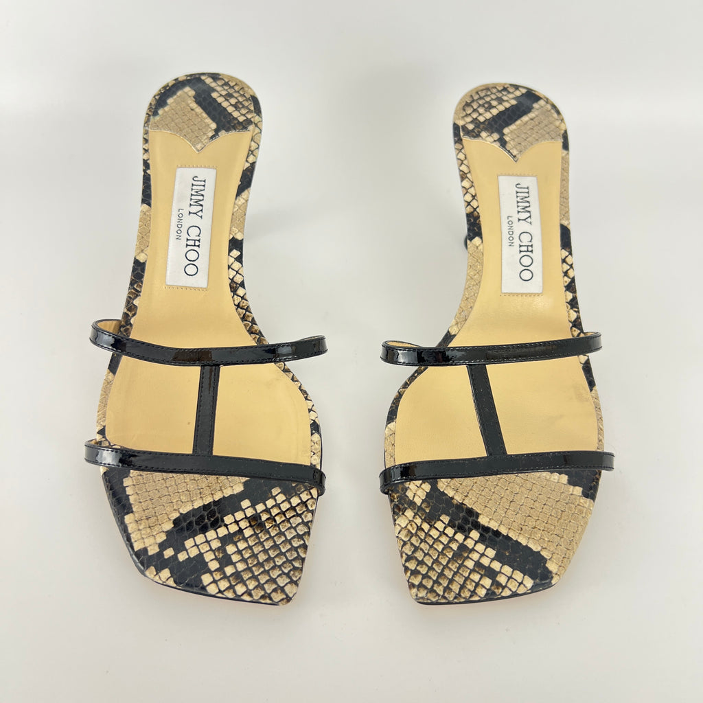 Jimmy Choo | Ria 65 Snake Embossed Gray Black Leather Slide Sandal Mule(39)