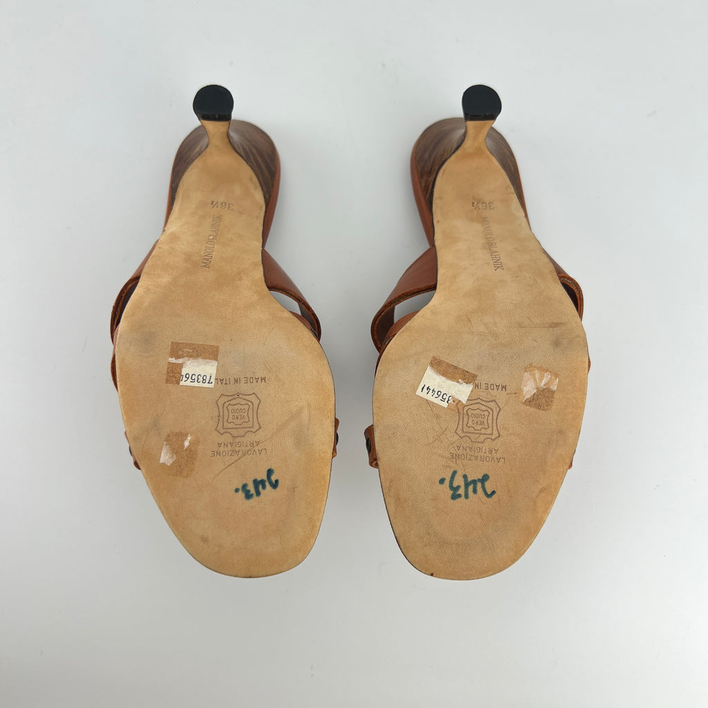 Manolo Blahnik | Brown Leather Straps Bronze Stud Slide Sandal Mules (36.5)