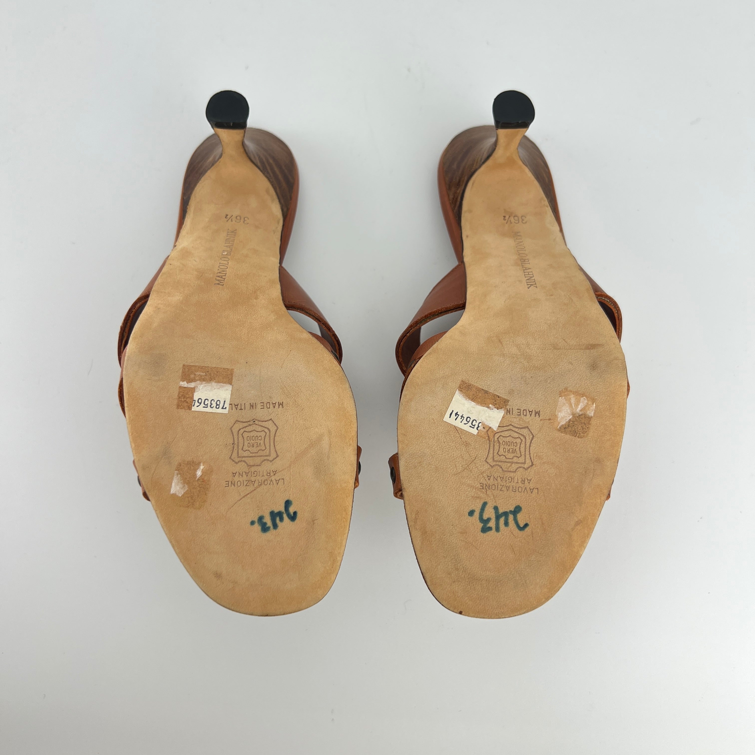 Manolo Blahnik | Brown Leather Straps Bronze Stud Slide Sandal Mules (36.5)