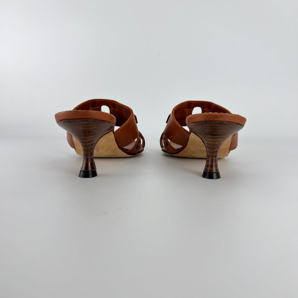 Manolo Blahnik | Brown Leather Straps Bronze Stud Slide Sandal Mules (36.5)
