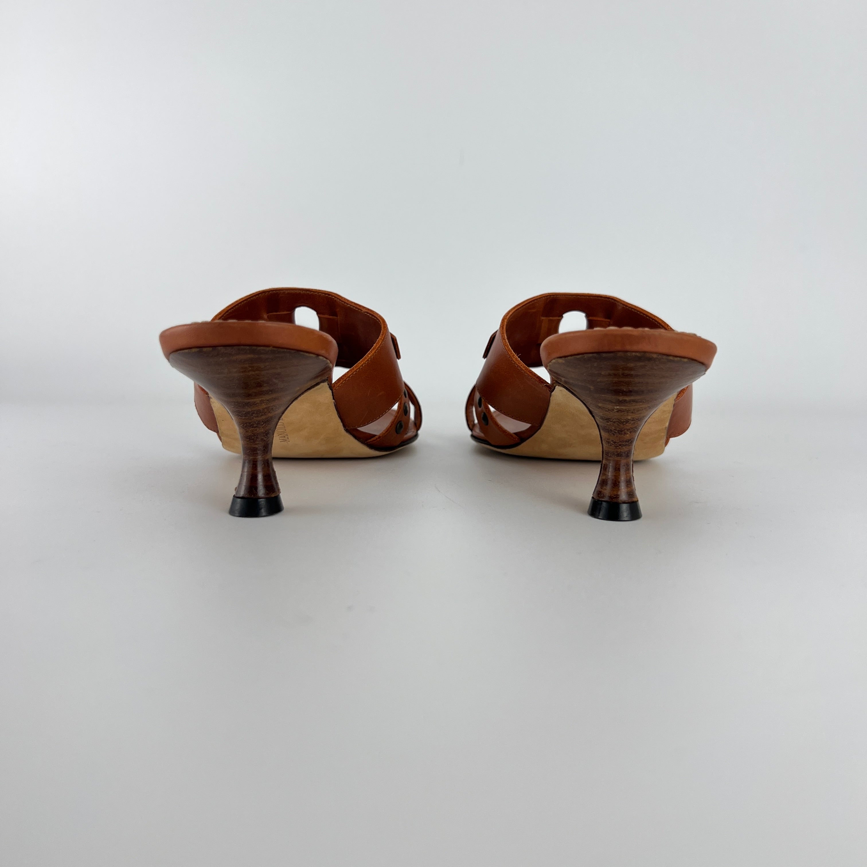 Manolo Blahnik | Brown Leather Straps Bronze Stud Slide Sandal Mules (36.5)