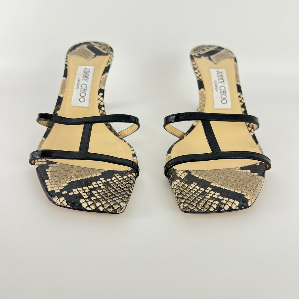 Jimmy Choo | Ria 65 Snake Embossed Gray Black Leather Slide Sandal Mule(39)