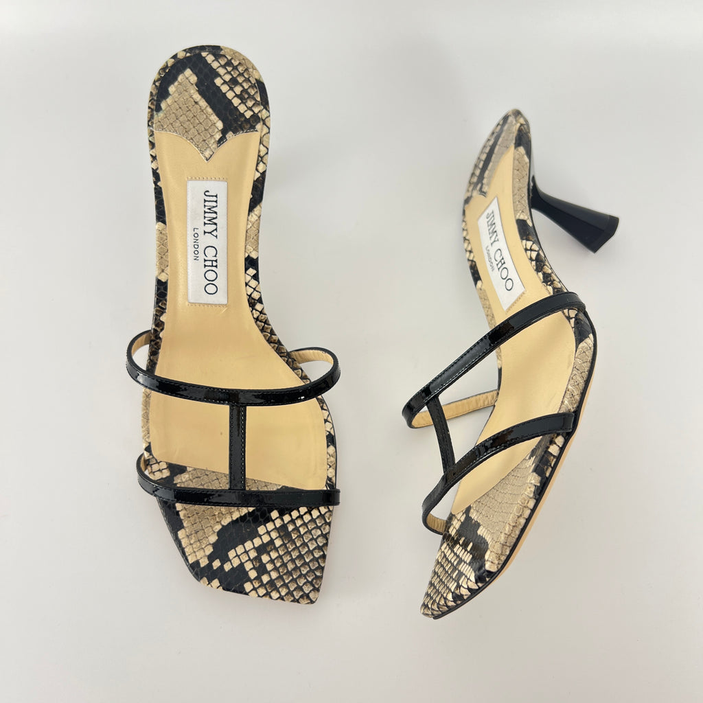 Jimmy Choo | Ria 65 Snake Embossed Gray Black Leather Slide Sandal Mule(39)