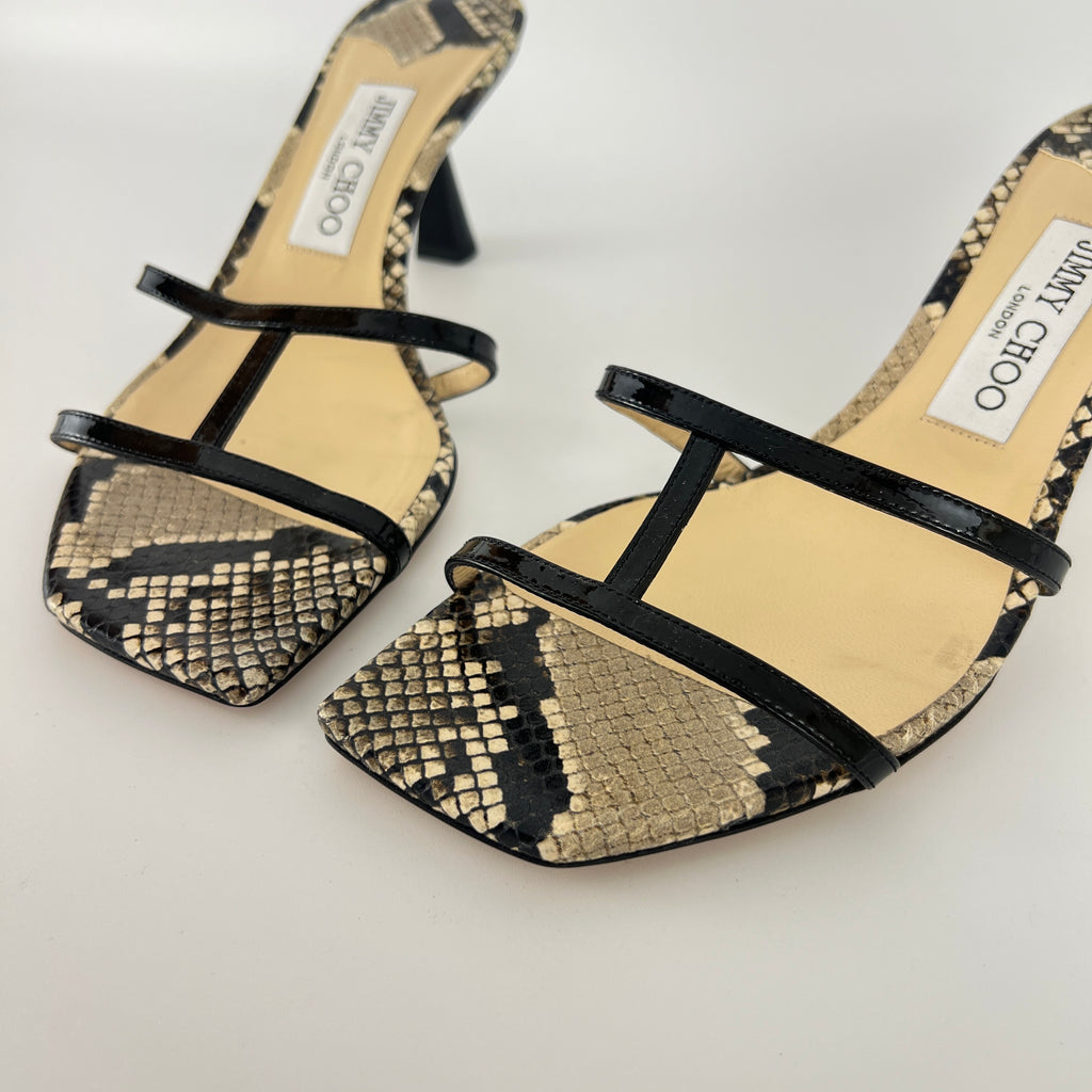 Jimmy Choo | Ria 65 Snake Embossed Gray Black Leather Slide Sandal Mule(39)