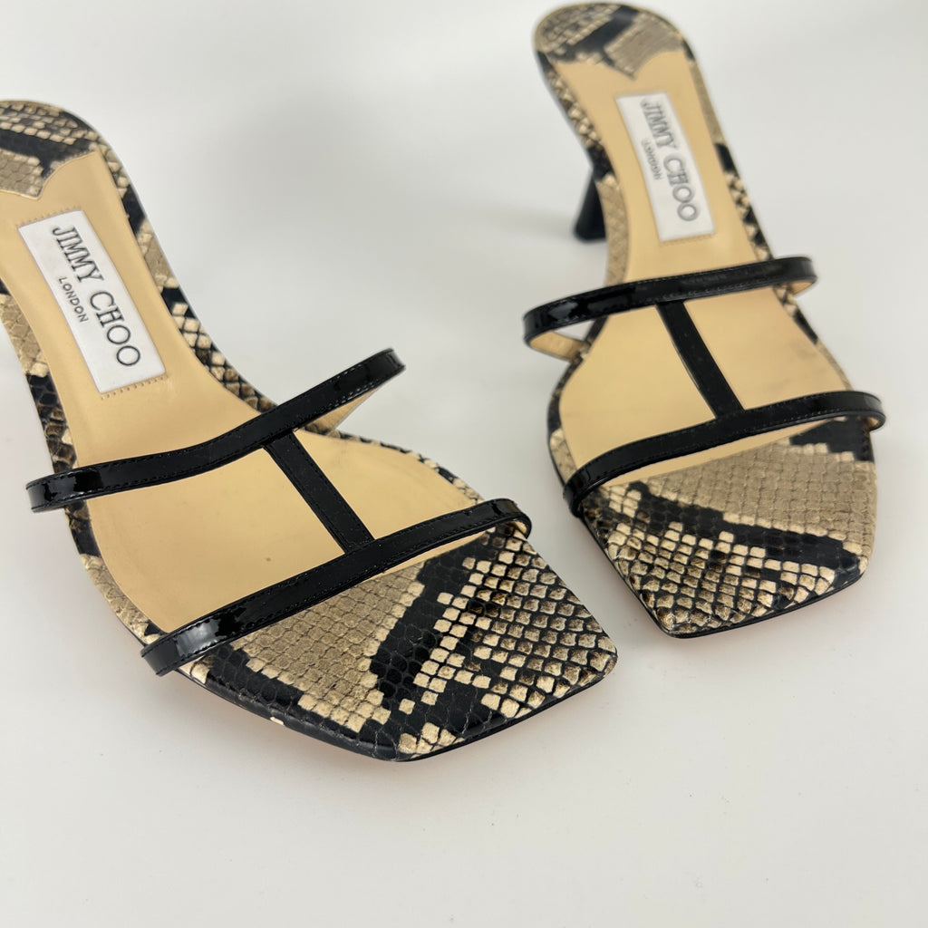 Jimmy Choo | Ria 65 Snake Embossed Gray Black Leather Slide Sandal Mule(39)