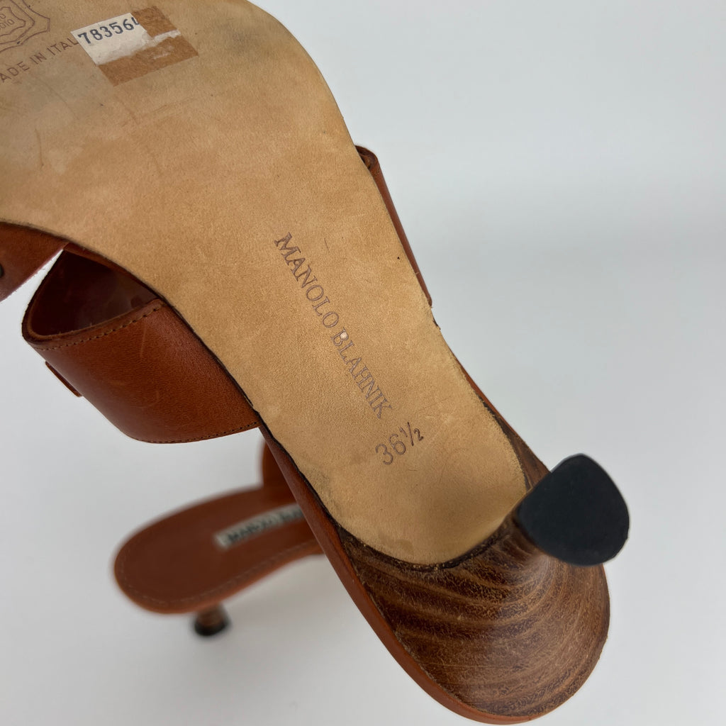 Manolo Blahnik | Brown Leather Straps Bronze Stud Slide Sandal Mules (36.5)