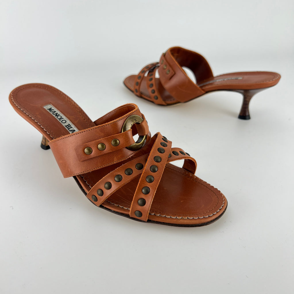 Manolo Blahnik | Brown Leather Straps Bronze Stud Slide Sandal Mules (36.5)