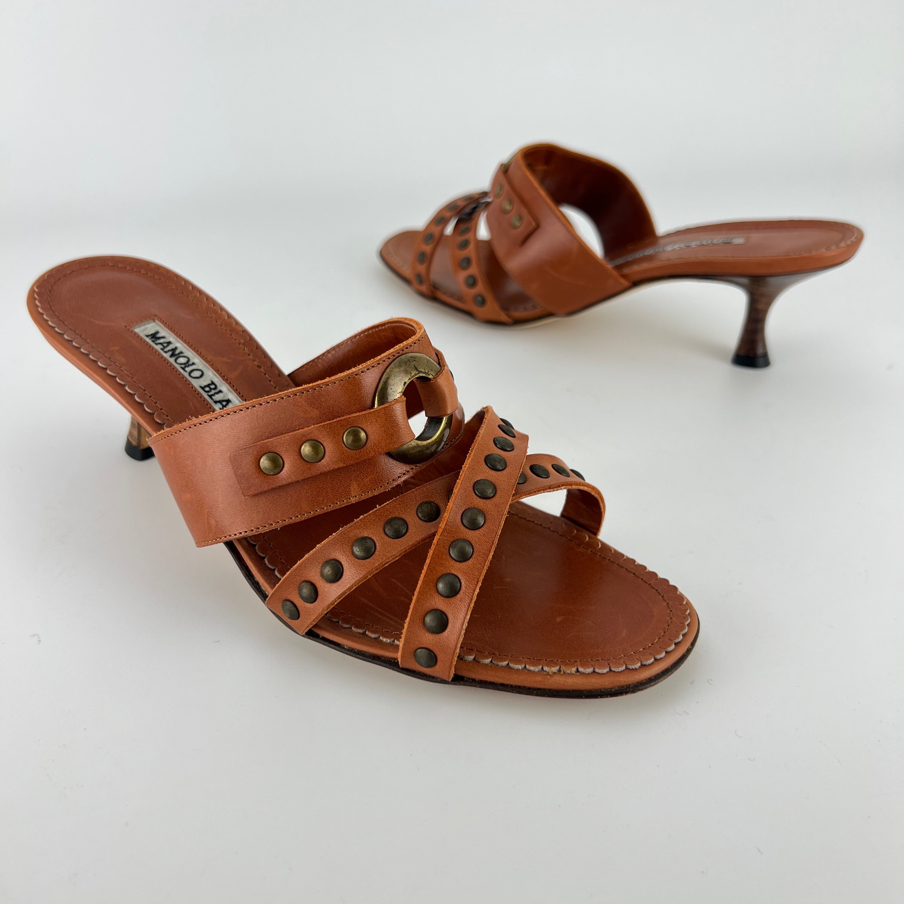 Manolo Blahnik | Brown Leather Straps Bronze Stud Slide Sandal Mules (36.5)