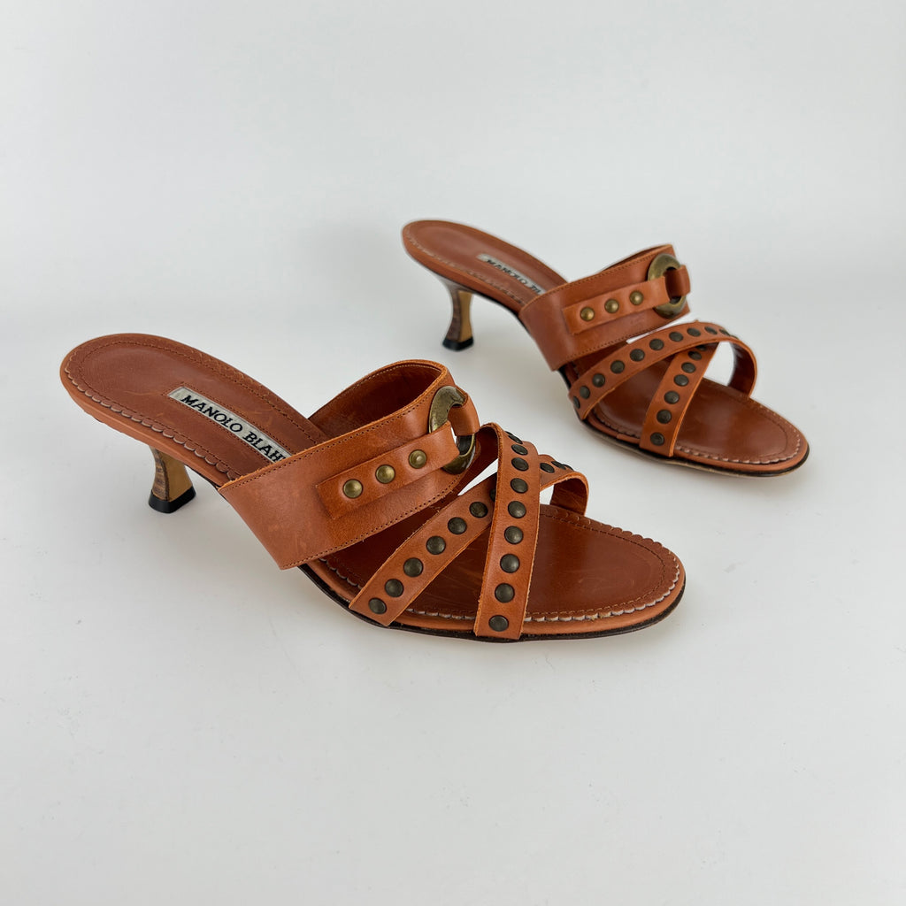 Manolo Blahnik | Brown Leather Straps Bronze Stud Slide Sandal Mules (36.5)