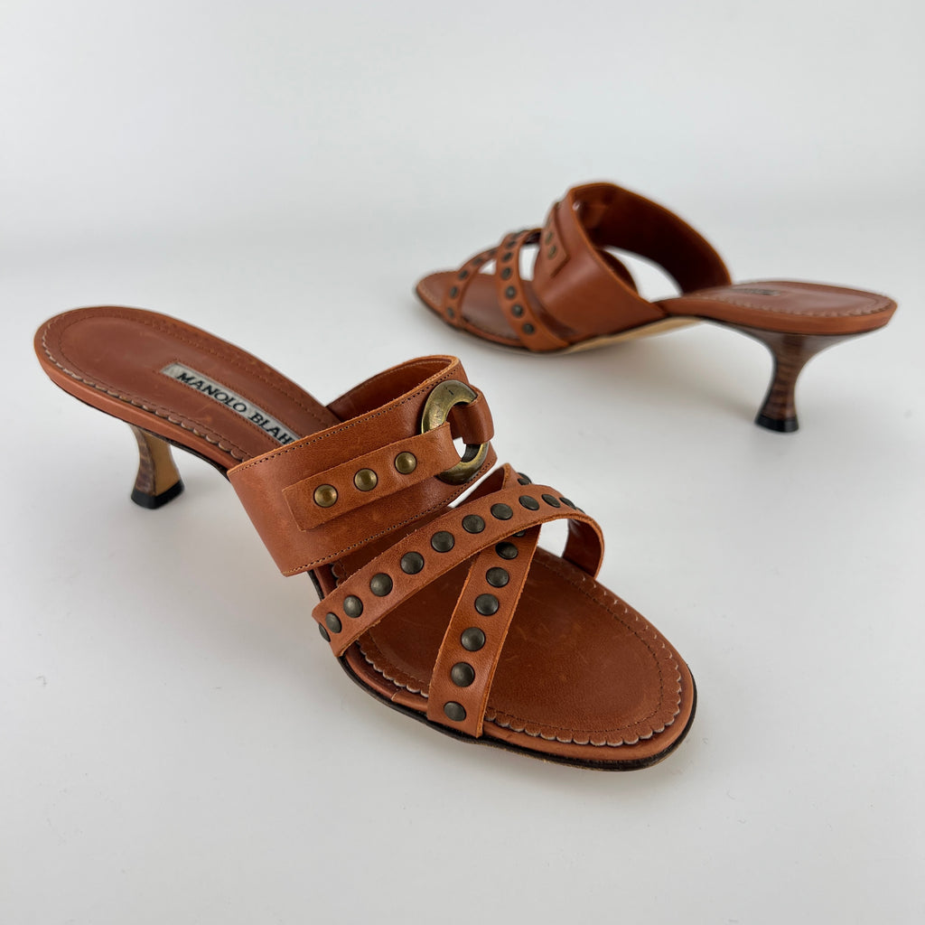 Manolo Blahnik | Brown Leather Straps Bronze Stud Slide Sandal Mules (36.5)