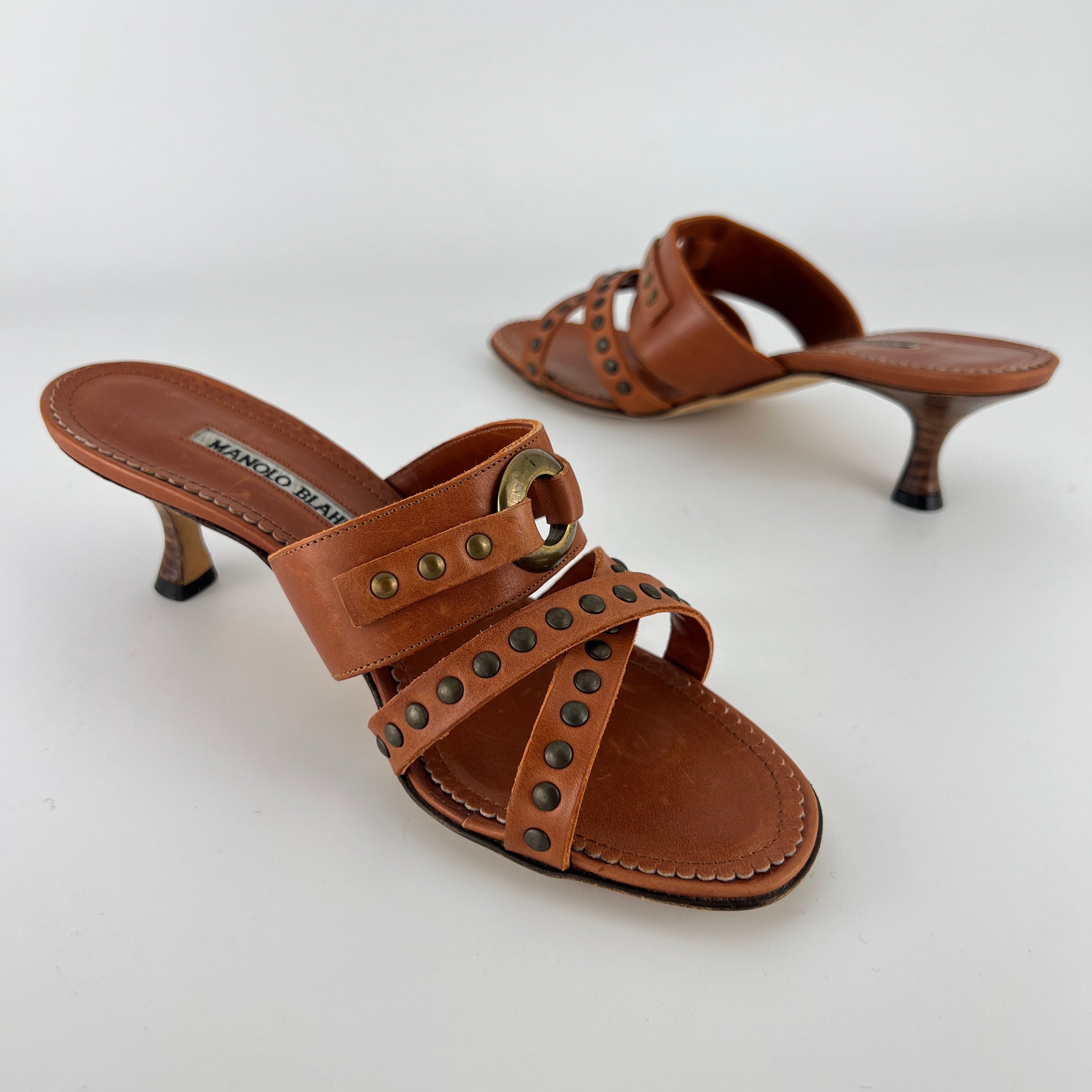 Manolo Blahnik | Brown Leather Straps Bronze Stud Slide Sandal Mules (36.5)