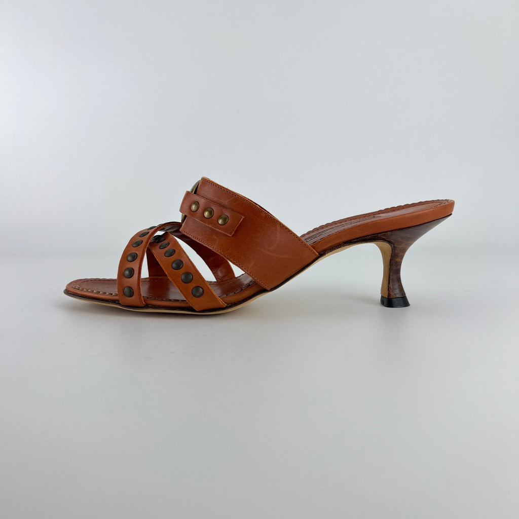 Manolo Blahnik | Brown Leather Straps Bronze Stud Slide Sandal Mules (36.5)