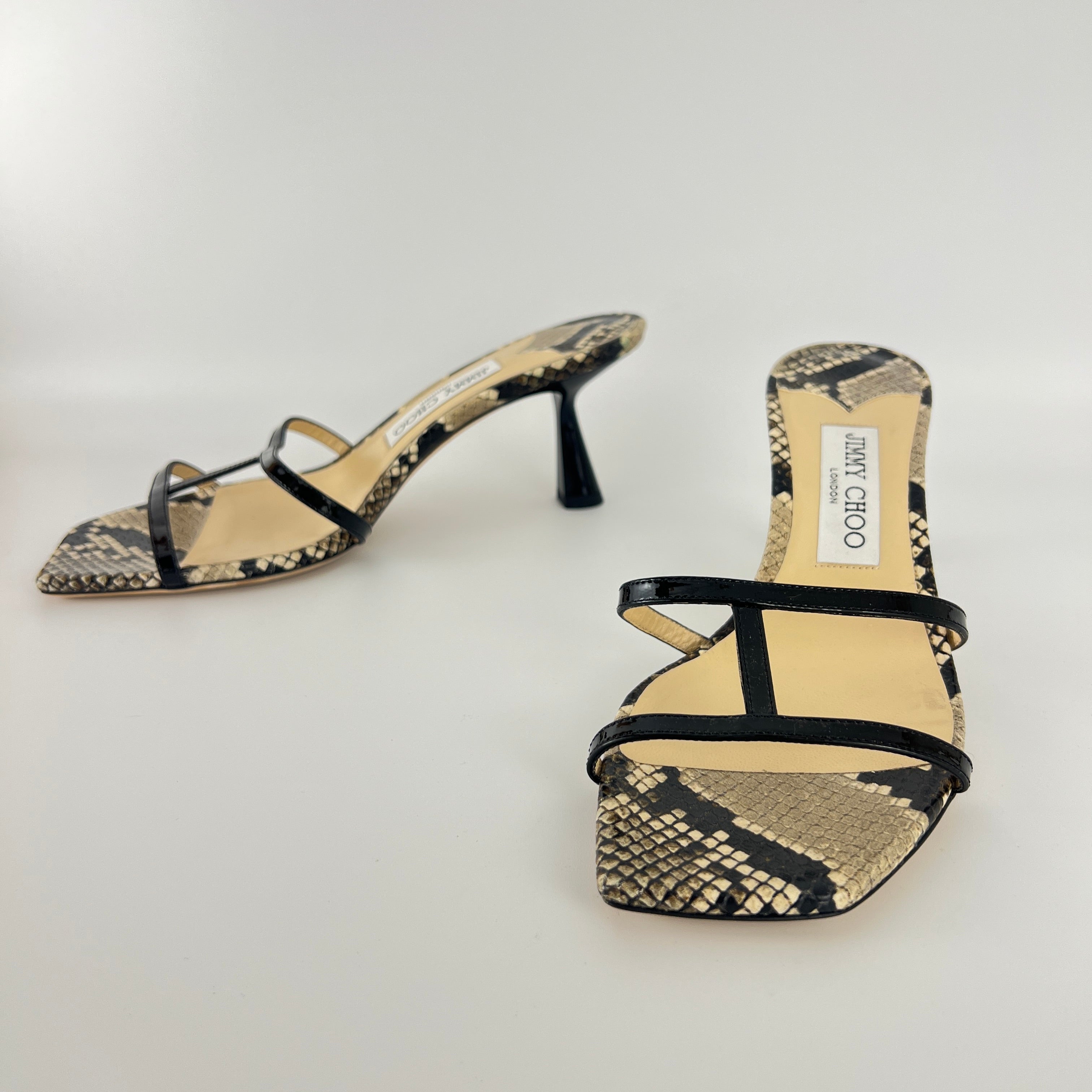 Jimmy Choo | Ria 65 Snake Embossed Gray Black Leather Slide Sandal Mule(39)