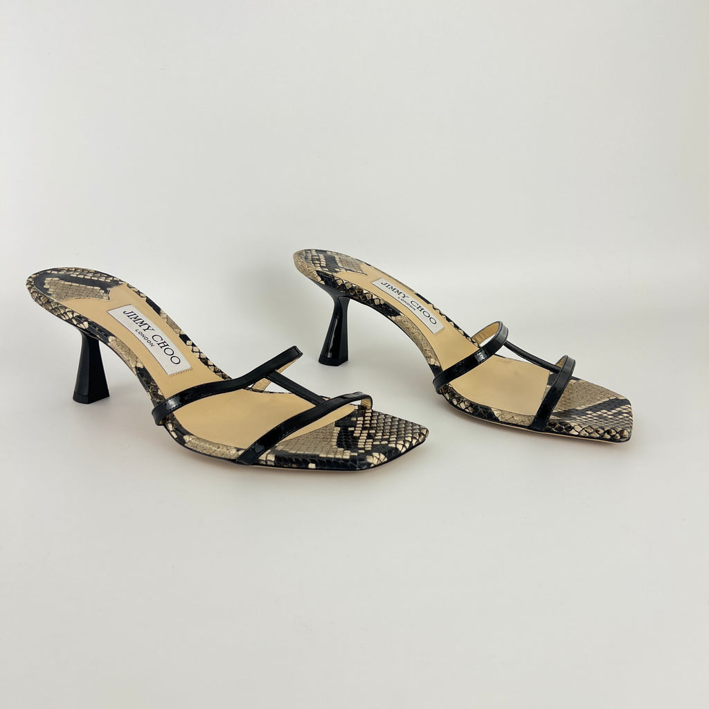 Jimmy Choo | Ria 65 Snake Embossed Gray Black Leather Slide Sandal Mule(39)
